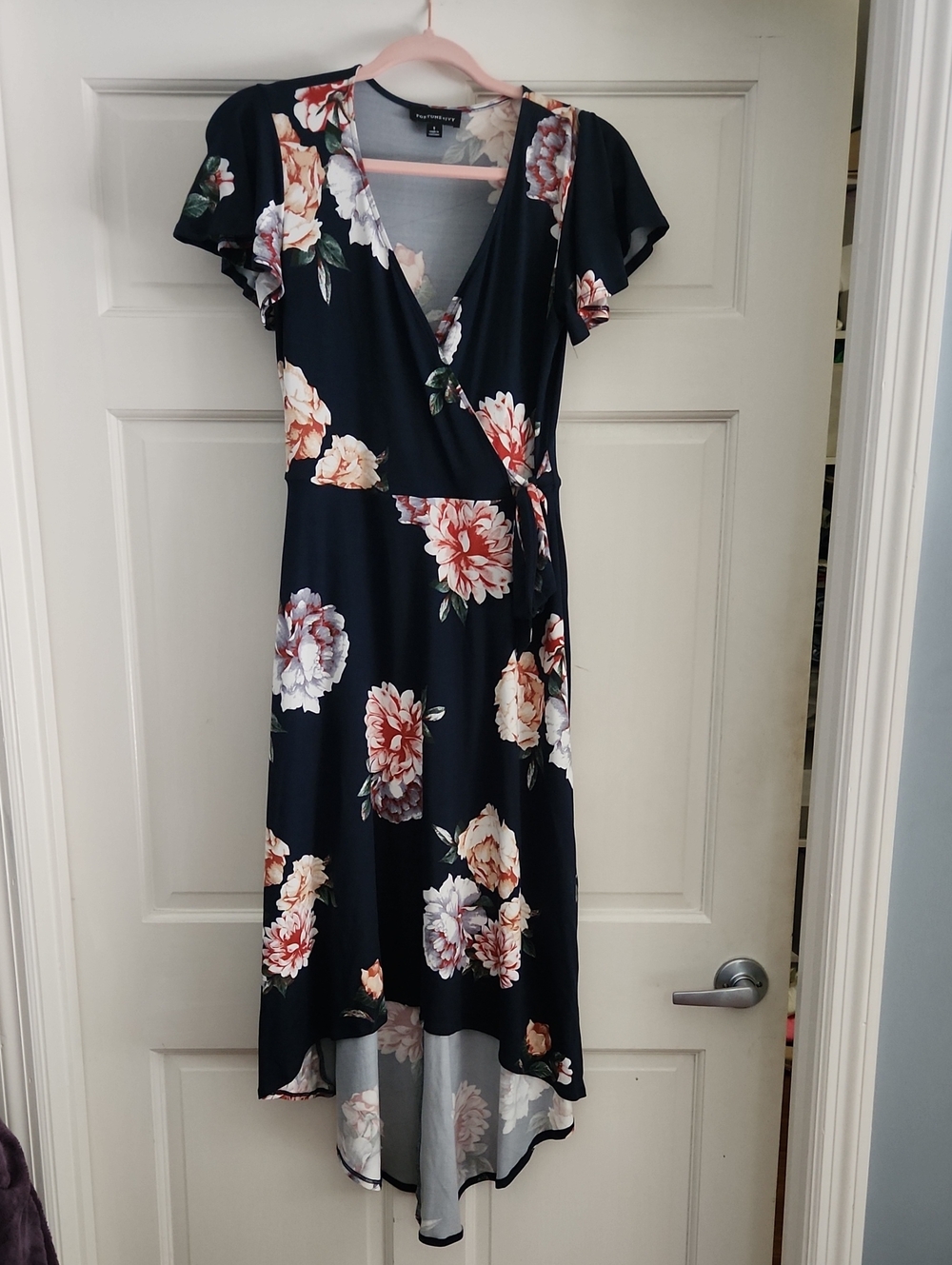 Dark Navy Floral Wrap High-Low Dress with Pink & Cream Blooms Size Small